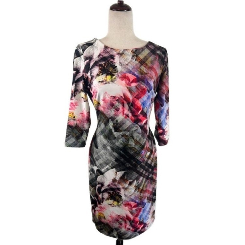 Joseph Ribkoff Floral Abstract Plaid Sheath Dress 3/4 Sleeve Soft Size 10
